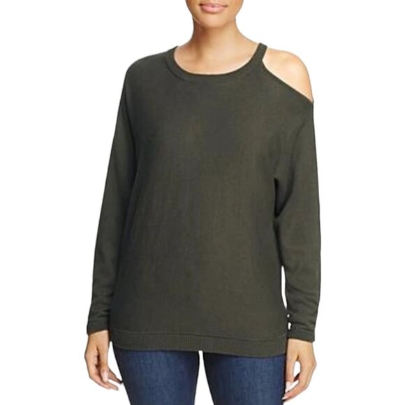 NWT Minnie Rose Women's Sweater Cold Shoulder Cutout Military Green Size Medium - Picture 1 of 7
